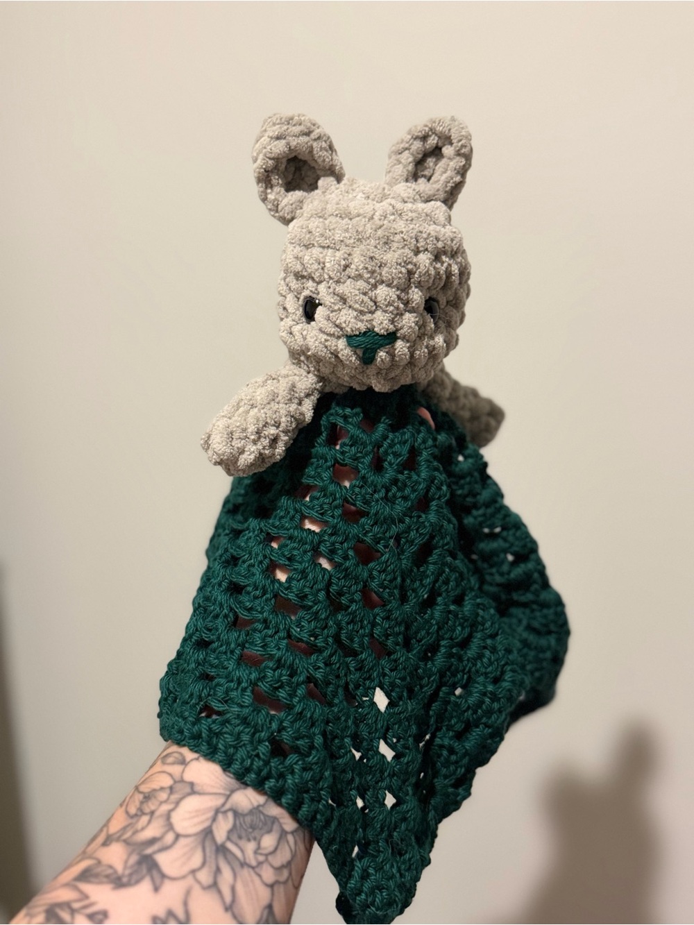 Handmade Crochet Bunny Lovey Security Blanket Baby Gift Gray Green